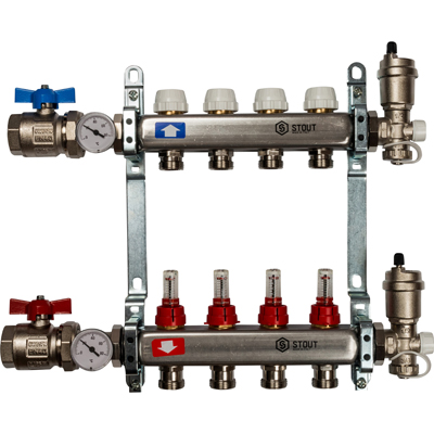 Коллекторный блок с расходометрами Stout (Стаут) в сборе 1 на 3/4 дюйма 4 выхода (SMS 0907 000004)