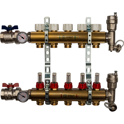 Коллекторный блок с расходометрами Stout (Стаут) латунь 1 на 3/4 дюйма 5 выходов (SMB 0473 000005)