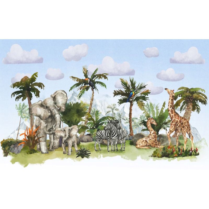 Обои виниловые на флизелине Design Studio 3D Животный Мир Семьи животных на фоне гор на голубом Гладкий песок (NKID-020)