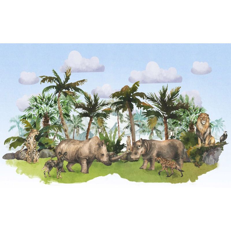 Обои виниловые на флизелине Design Studio 3D Животный Мир Животные на фоне гор в тропиках на голубом Гладкий песок (NKID-021)