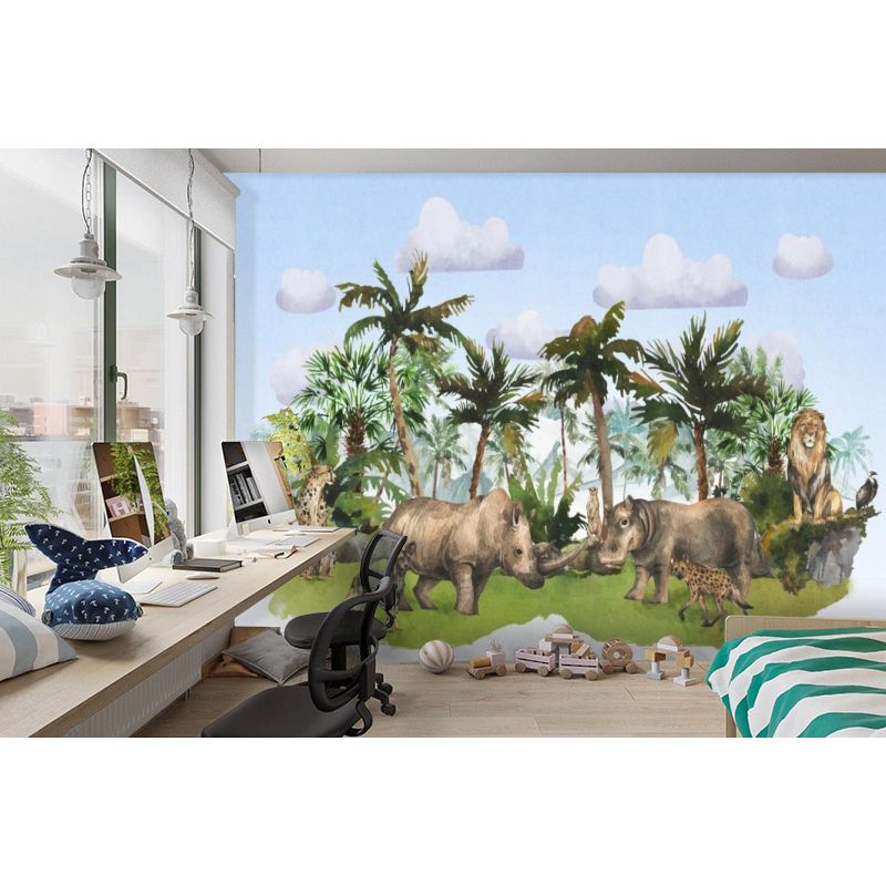 Обои виниловые на флизелине Design Studio 3D Животный Мир Животные на фоне гор в тропиках на голубом Бесшовная Фреска Гранд (NKID-021)