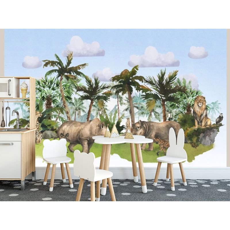Обои виниловые на флизелине Design Studio 3D Животный Мир Животные на фоне гор в тропиках на голубом Бесшовная Фреска Гранд (NKID-021)