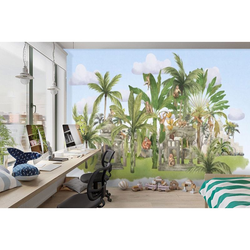 Обои виниловые на флизелине Design Studio 3D Животный Мир Город обезьян в тропиках на голубом Бесшовная Фреска Гранд (NKID-024)
