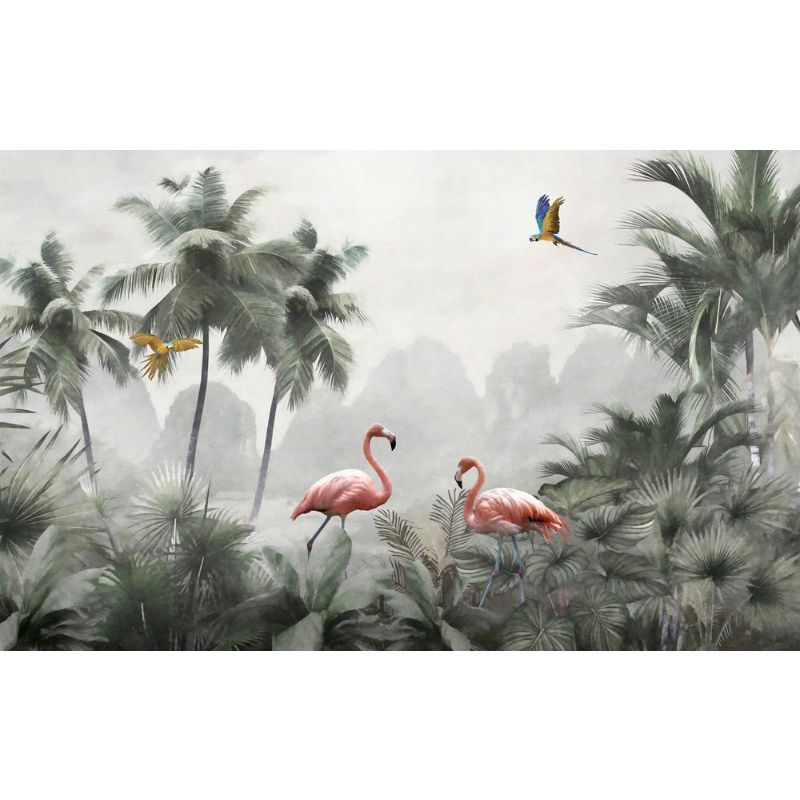 Обои виниловые на флизелине Design Studio 3D Джунгли Фламинго в листве на фоне гор Гладкий песок (DJ-018)