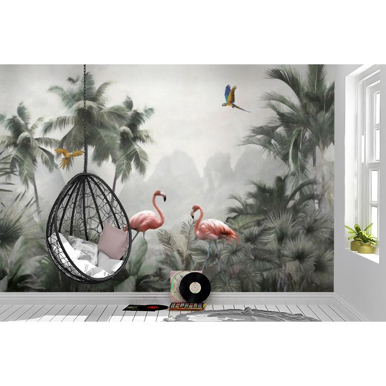 Обои виниловые на флизелине Design Studio 3D Джунгли Фламинго в листве на фоне гор Бесшовная Фреска Гранд (DJ-018)