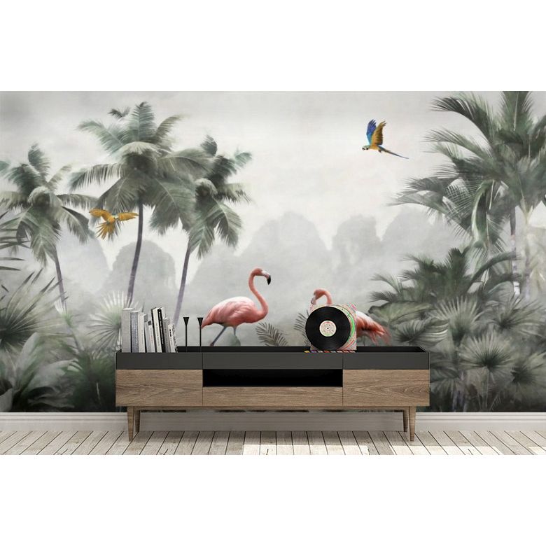 Обои виниловые на флизелине Design Studio 3D Джунгли Фламинго в листве на фоне гор Бесшовная Фреска Classic (DJ-018)