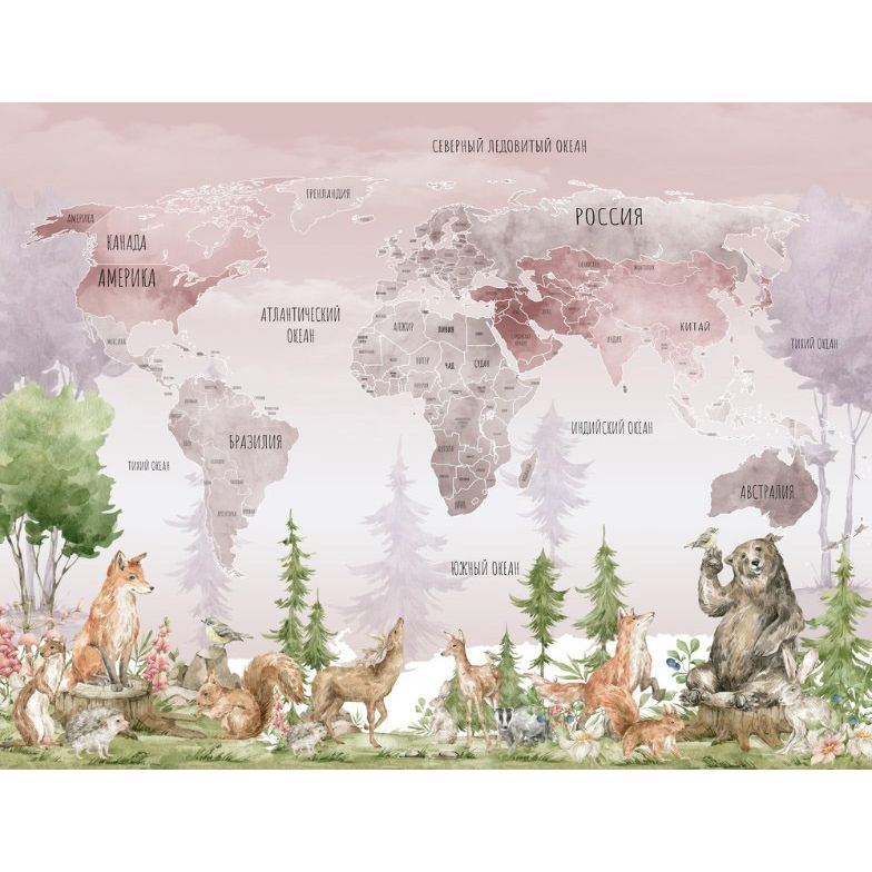 Обои виниловые на флизелине Design Studio 3D Карты Карта с лесными животными в розовых тонах Фреска (CM-003)