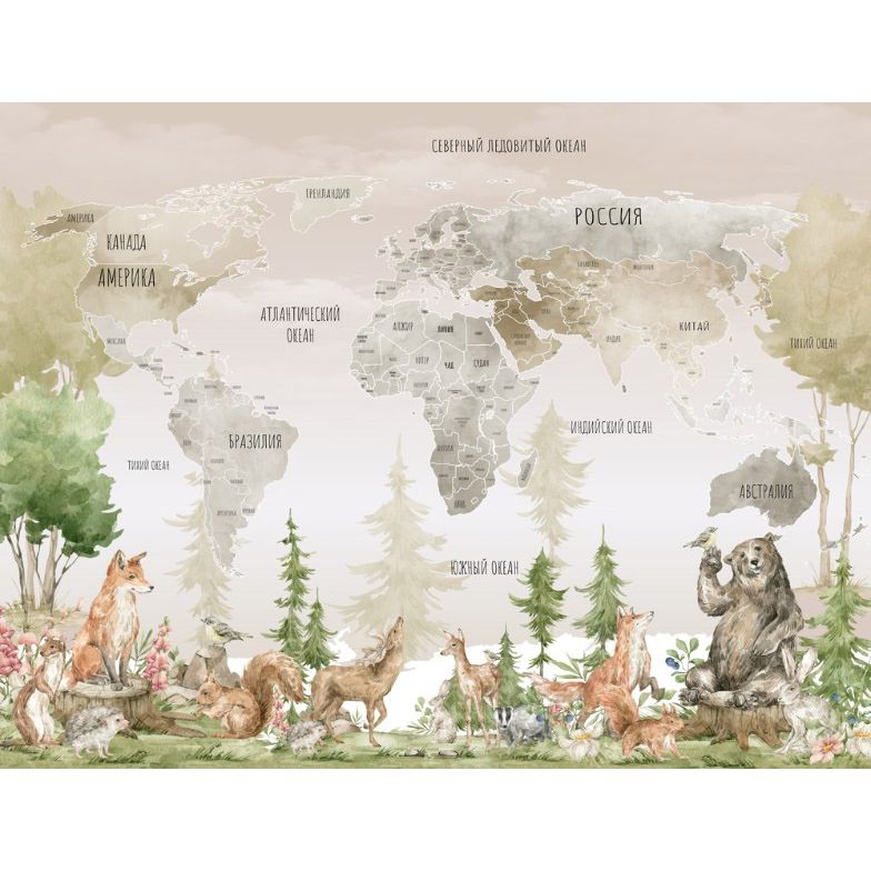 Обои виниловые на флизелине Design Studio 3D Карты Карта с лесными животными в жёлтых тонах Гладкий песок (CM-004)