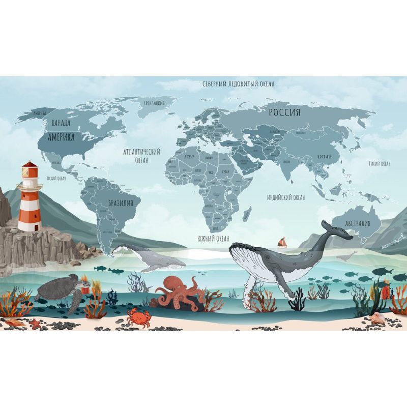Обои виниловые на флизелине Design Studio 3D Карты Бирюзовая карта с морскими животными Гладкий песок (CM-015)