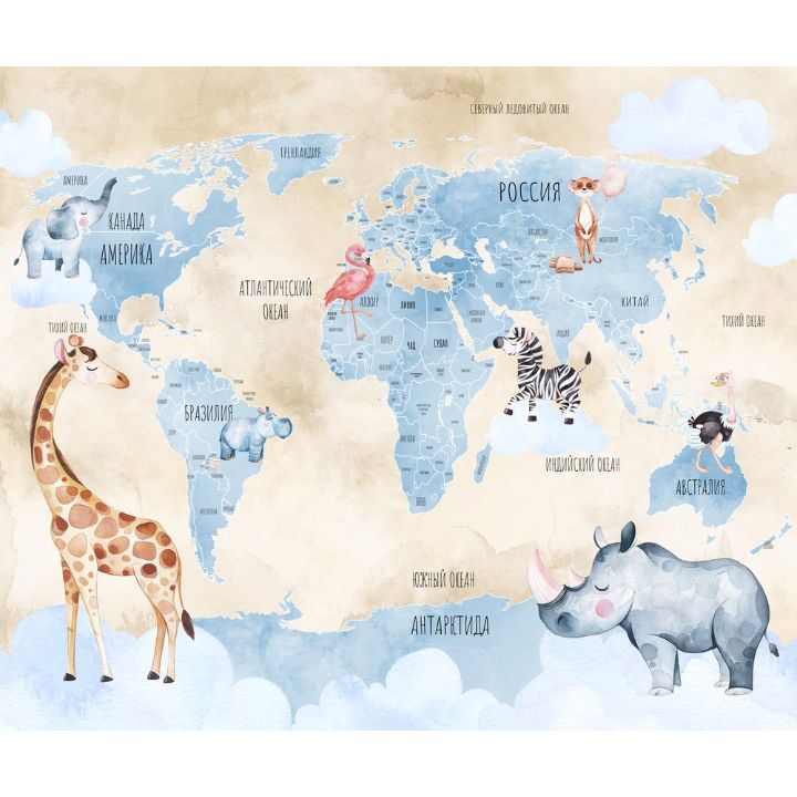 Обои виниловые на флизелине Design Studio 3D Карты Голубая карта с животными на бежевом Натуральный холст (CM-018)