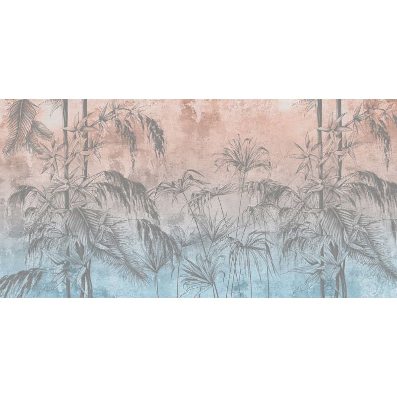 Обои виниловые на флизелине Design Studio 3D Нежность Бамбуковые листья на фоне гранж в красно-синих тонах Натуральный холст (NJ-001)
