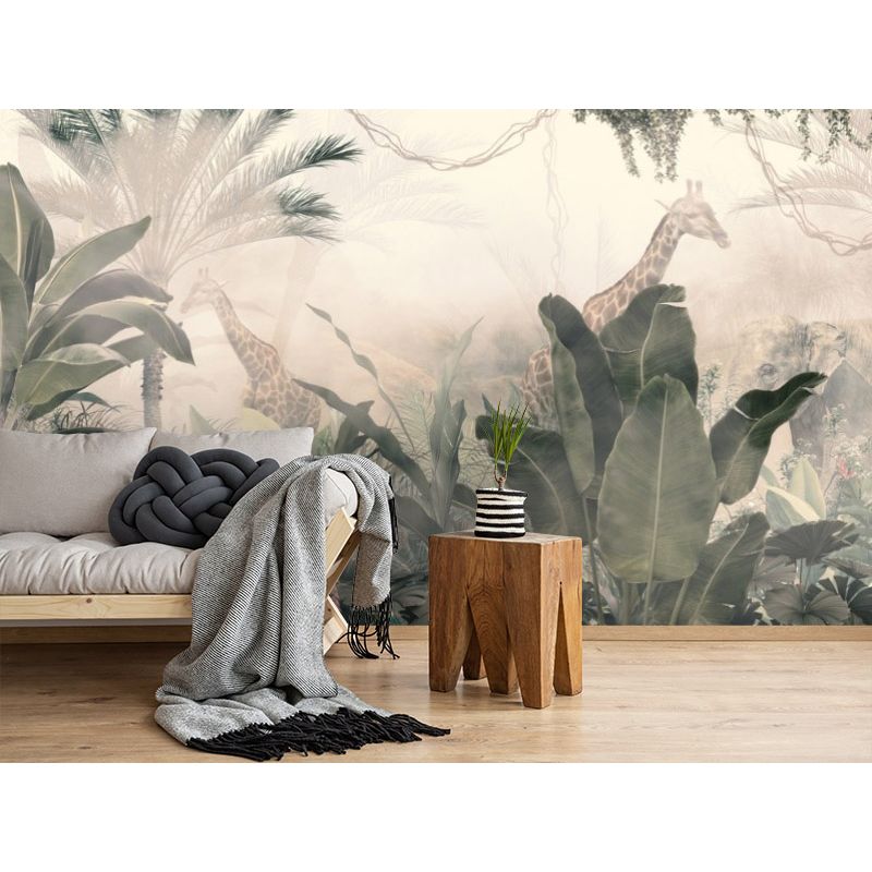 Обои виниловые на флизелине Design Studio 3D Саванна Жирафы за крупными листьями Натуральный холст (SVN-002)