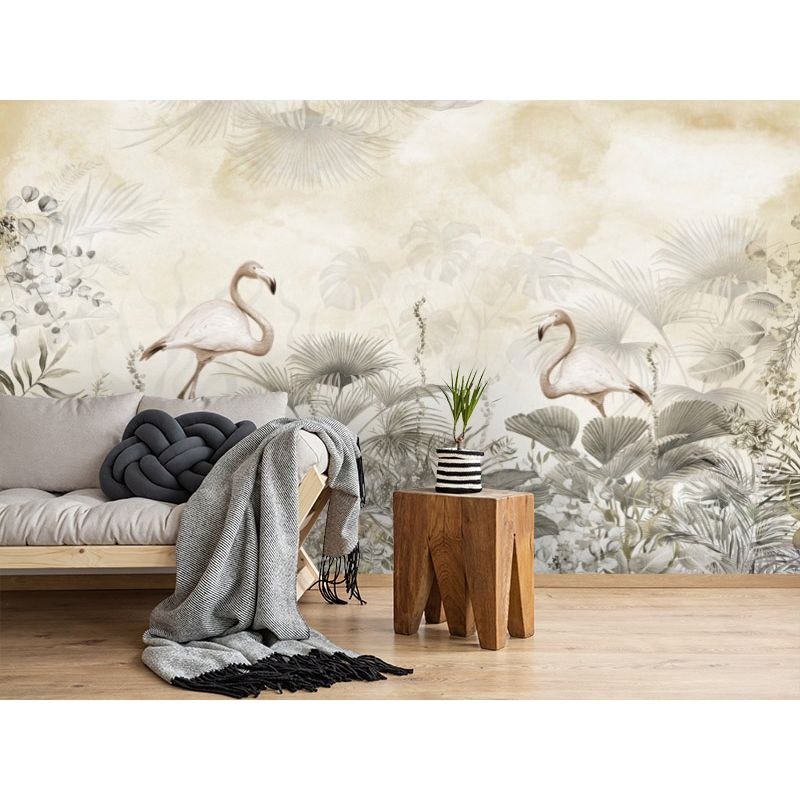 Обои виниловые на флизелине Design Studio 3D Саванна Фламинго в листве на жёлтом Натуральный холст (SVN-010)