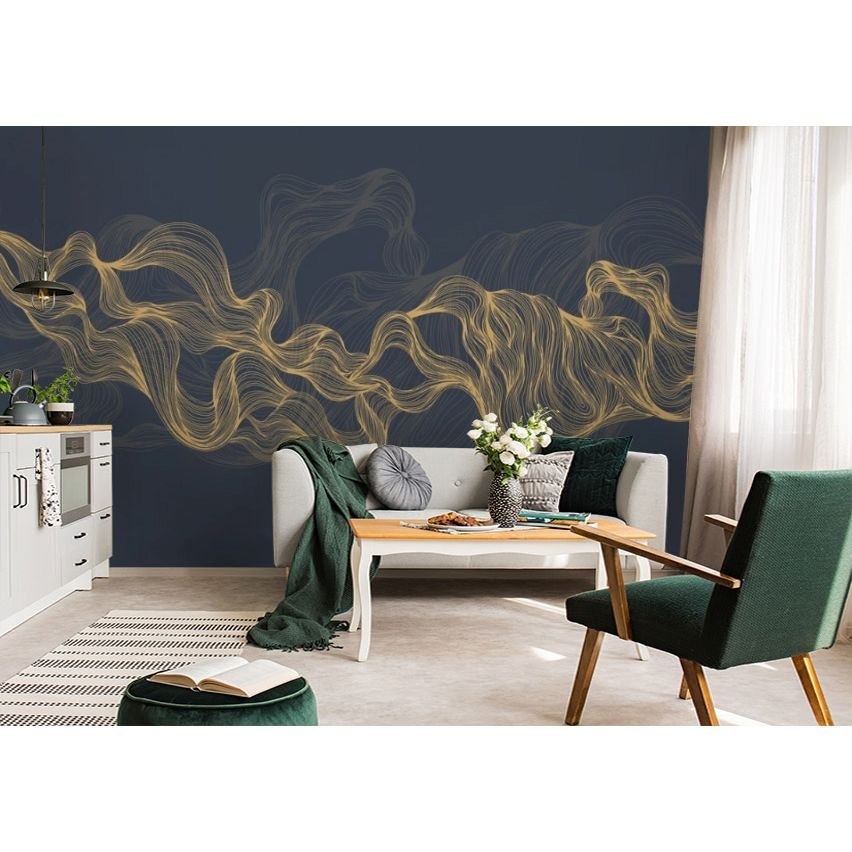 Обои виниловые на флизелине Design Studio 3D Line Style Золотые узорчатые линии на синем Канвас (LST-017)