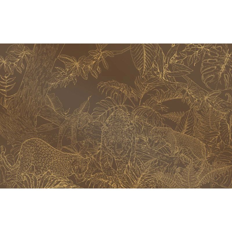 Обои виниловые на флизелине Design Studio 3D Line Style Золотые леопарды в листве на коричневом Гладкий песок (LST-039)