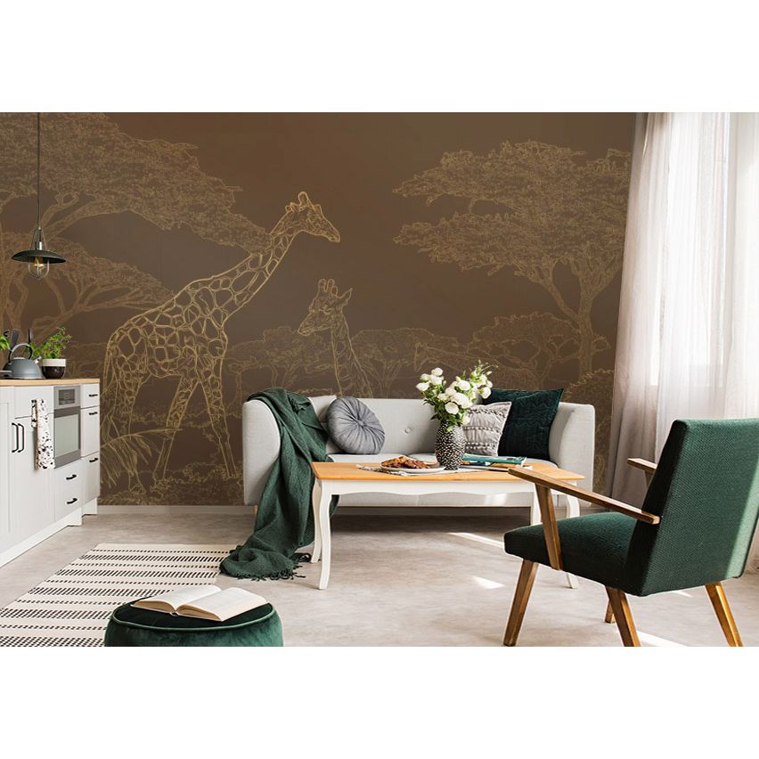 Обои виниловые на флизелине Design Studio 3D Line Style Золотые жирафы в листве на коричневом Фреска (LST-043)
