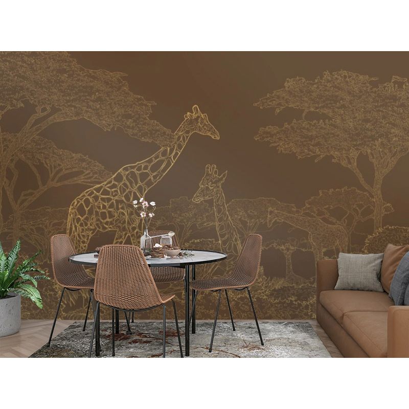 Обои виниловые на флизелине Design Studio 3D Line Style Золотые жирафы в листве на коричневом Бесшовная Фреска Classic (LST-043)