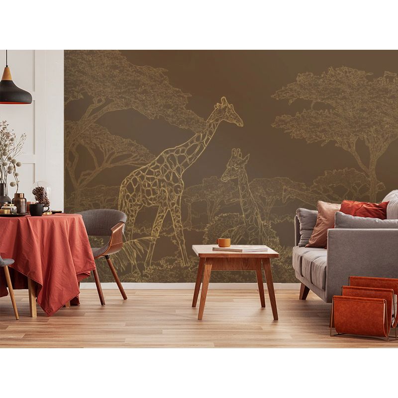 Обои виниловые на флизелине Design Studio 3D Line Style Золотые жирафы в листве на коричневом Бесшовная Фреска Classic (LST-043)