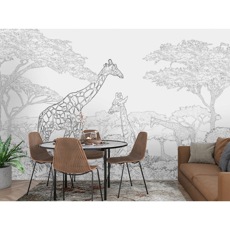 Обои виниловые на флизелине Design Studio 3D Line Style Чёрно-белые жирафы в листве Гладкий песок (LST-045)