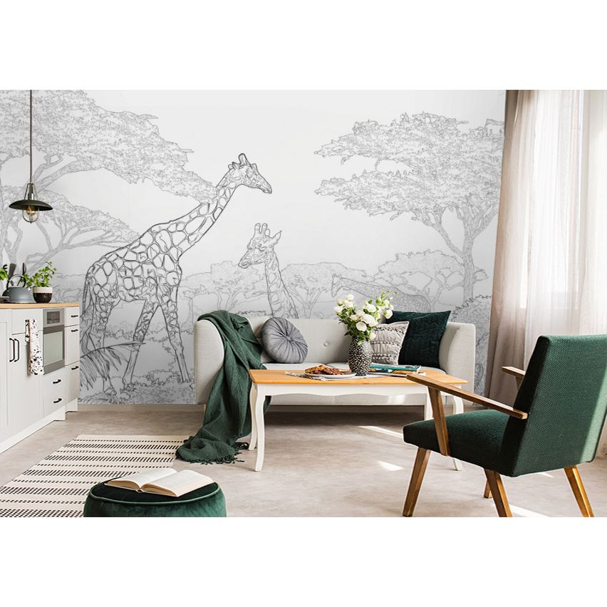 Обои виниловые на флизелине Design Studio 3D Line Style Чёрно-белые жирафы в листве Фреска (LST-045)