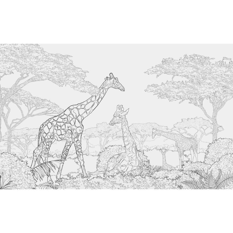 Обои виниловые на флизелине Design Studio 3D Line Style Чёрно-белые жирафы в листве Бесшовная Фреска Гранд (LST-045)
