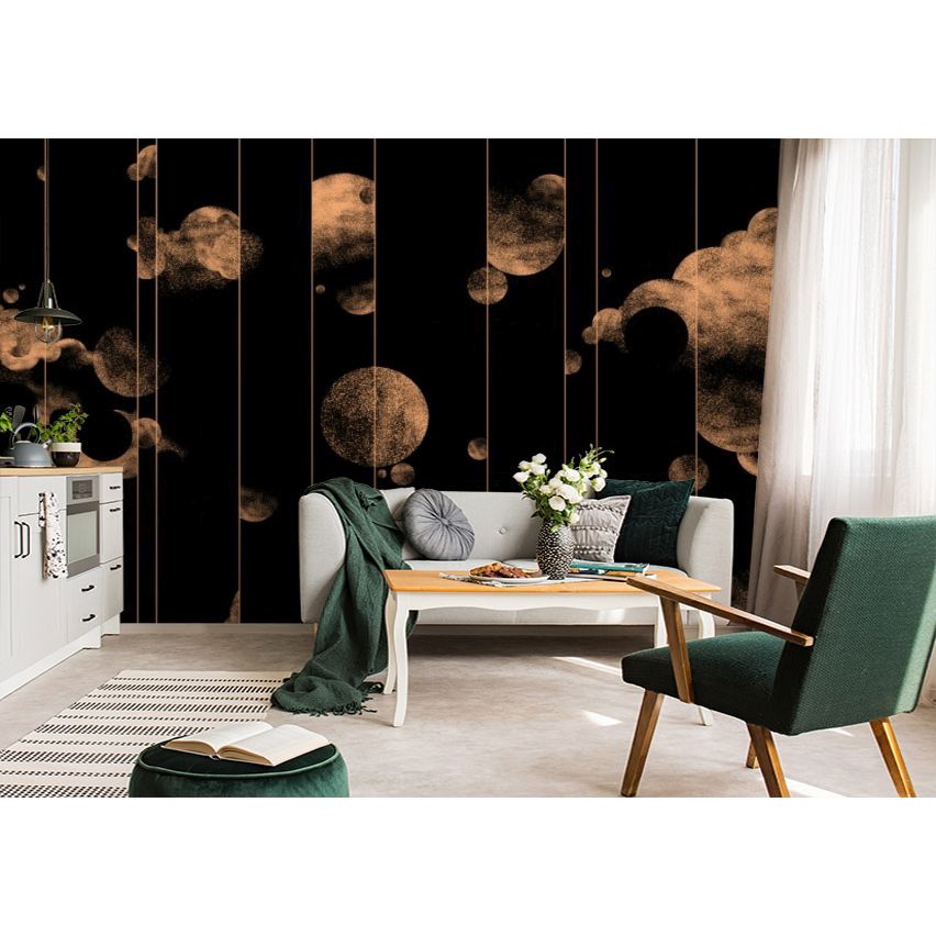Обои виниловые на флизелине Design Studio 3D Line Style Абстрактные золотые планеты с облаками на чёрном Бесшовная Фреска Гранд (LST-056)