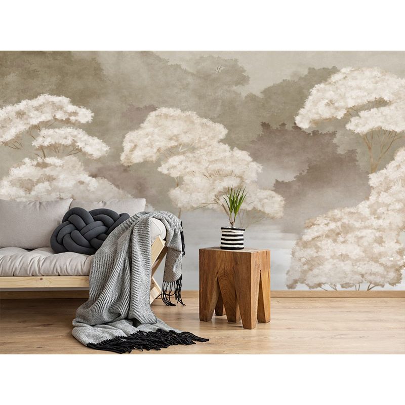 Обои виниловые на флизелине Design Studio 3D Picturesque Деревья в утреннем тумане в бежевых тонах Бесшовная Фреска Гранд (PRS-008)