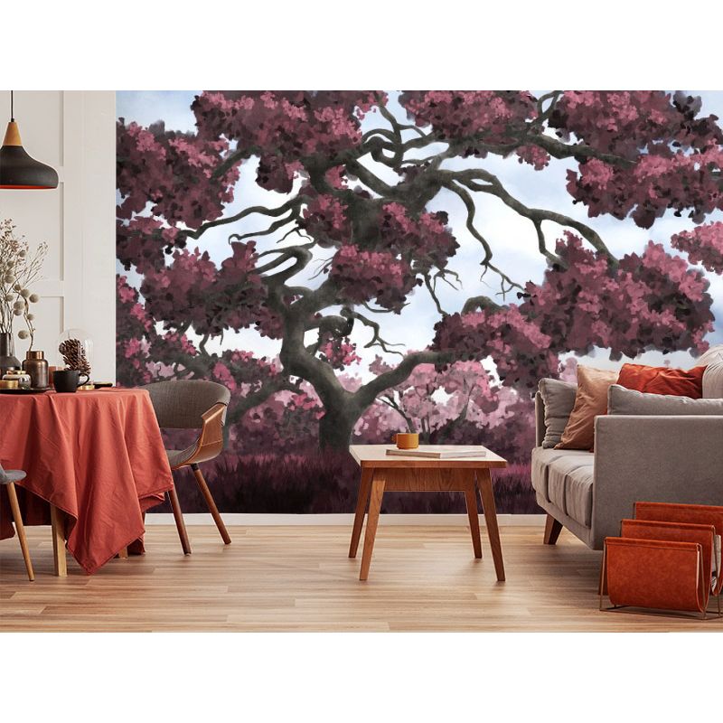 Обои виниловые на флизелине Design Studio 3D Picturesque Большое ветвистое дерево в пурпурном цвете Бесшовная Фреска Ultra (PRS-013)