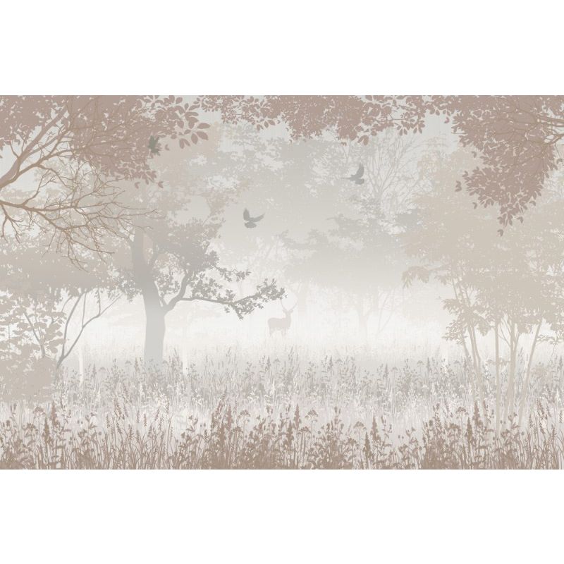 Обои виниловые на флизелине Design Studio 3D Vintage Лиственый лес с оленем в бежевом Бесшовная Фреска Гранд (VG-013)