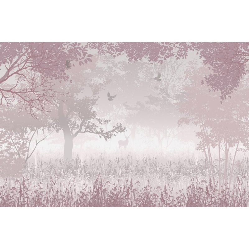 Обои виниловые на флизелине Design Studio 3D Vintage Лиственый лес с оленем в розовом Натуральный холст (VG-014)