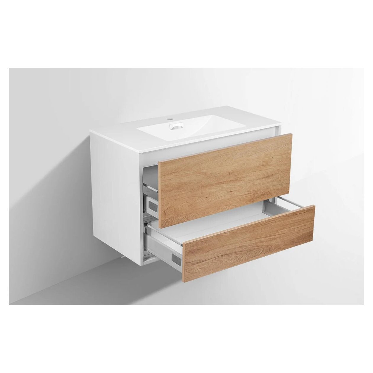 База под раковину Vincea (Винчея) Alessia 900 подвесная, 2 выкатных ящика из алюминия с механизмами Push open, Y.Oak + L.White VMC-1S900YW