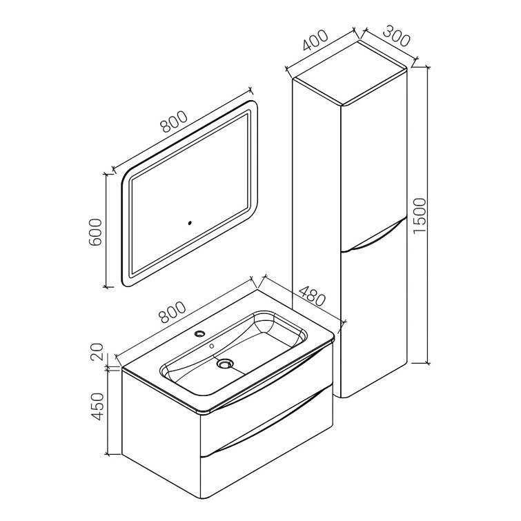 База под раковину Vincea (Винчея) Roberta 800 подвесная, 2 выкатных ящика soft close, L.White VMC-1R800LW