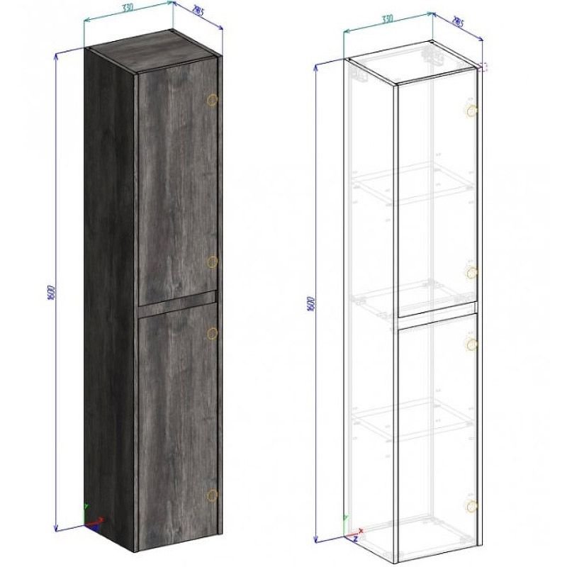 Шкаф подвесной BelBagno (Бельбагно) KRAFT с двумя распашными дверцами с доводчиками с двумя полками левосторонний Pino Pasadena 330x300x1600 KRAFT-1600-2A-SC-PP-L