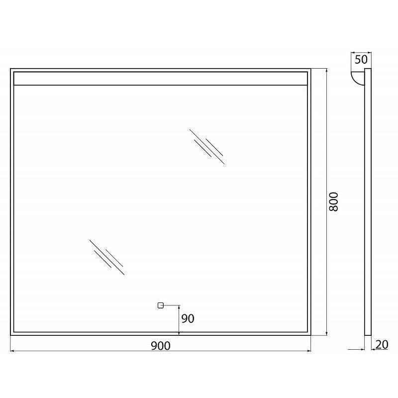 Зеркало BelBagno (Бельбагно) в алюминиевой раме с подсветкой с сенсорным выключателем SPC-UNO-900-800-TCH 900x50x800