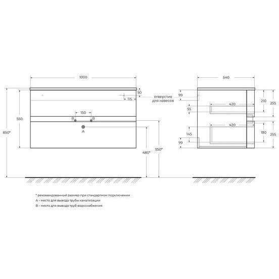 Тумба Cezares (Цезарис) Elettra под раковину с двумя выдвижными ящиками 55525 Bianco opaco, 100x51x55 см