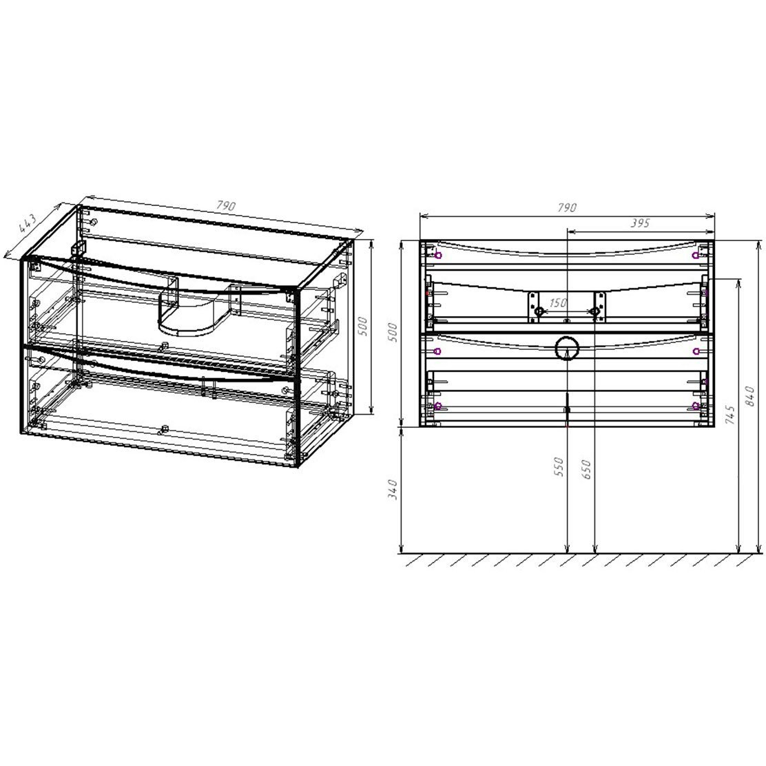 База под раковину Vincea (Винчея) Mia VMC-2MA800BT подвесная 2 выкатных ящика soft close Beton