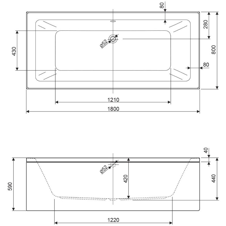 Акриловая ванна Cezares PLANE-180-80-49-W37, 180x80x49