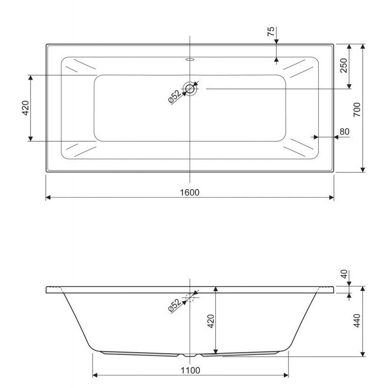 Акриловая ванна Cezares PLANE MINI-160-70-42-W37, 160x70x42