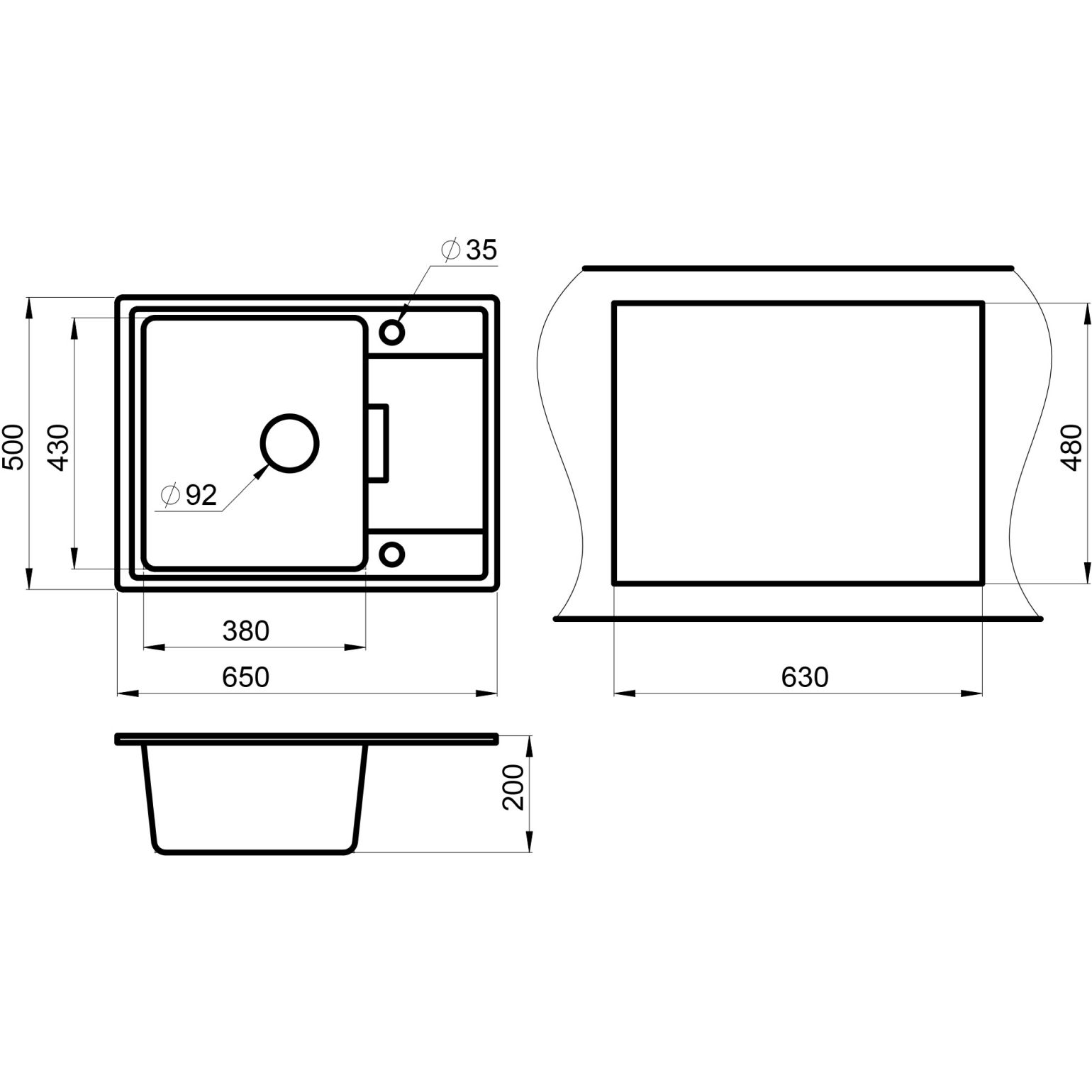 Кухонная мойка кварцевая Granula GR-6503 прямоугольная с крылом, врезная, чаша 380х430, цвет шварц (6503sv)