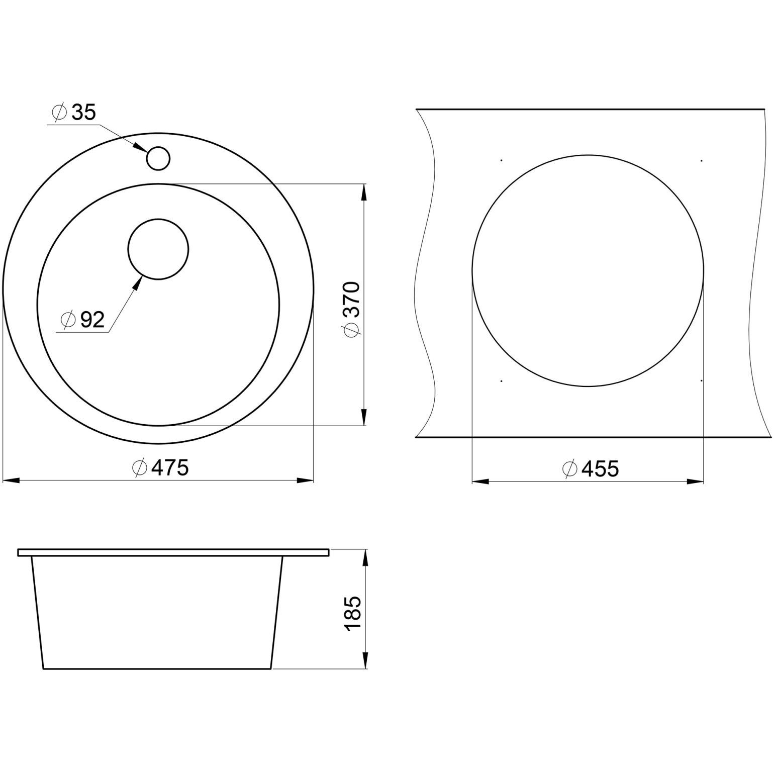 Кухонная мойка кварцевая Granula GR-4801 односекционная круглая, врезная, чаша D 370, цвет графит (4801bg)