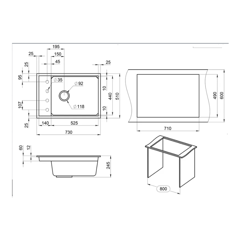 Мойка кухонная прямоугольная Granula Kitchen Space с ролл-матом и дозатором KS-7305 алюминиум