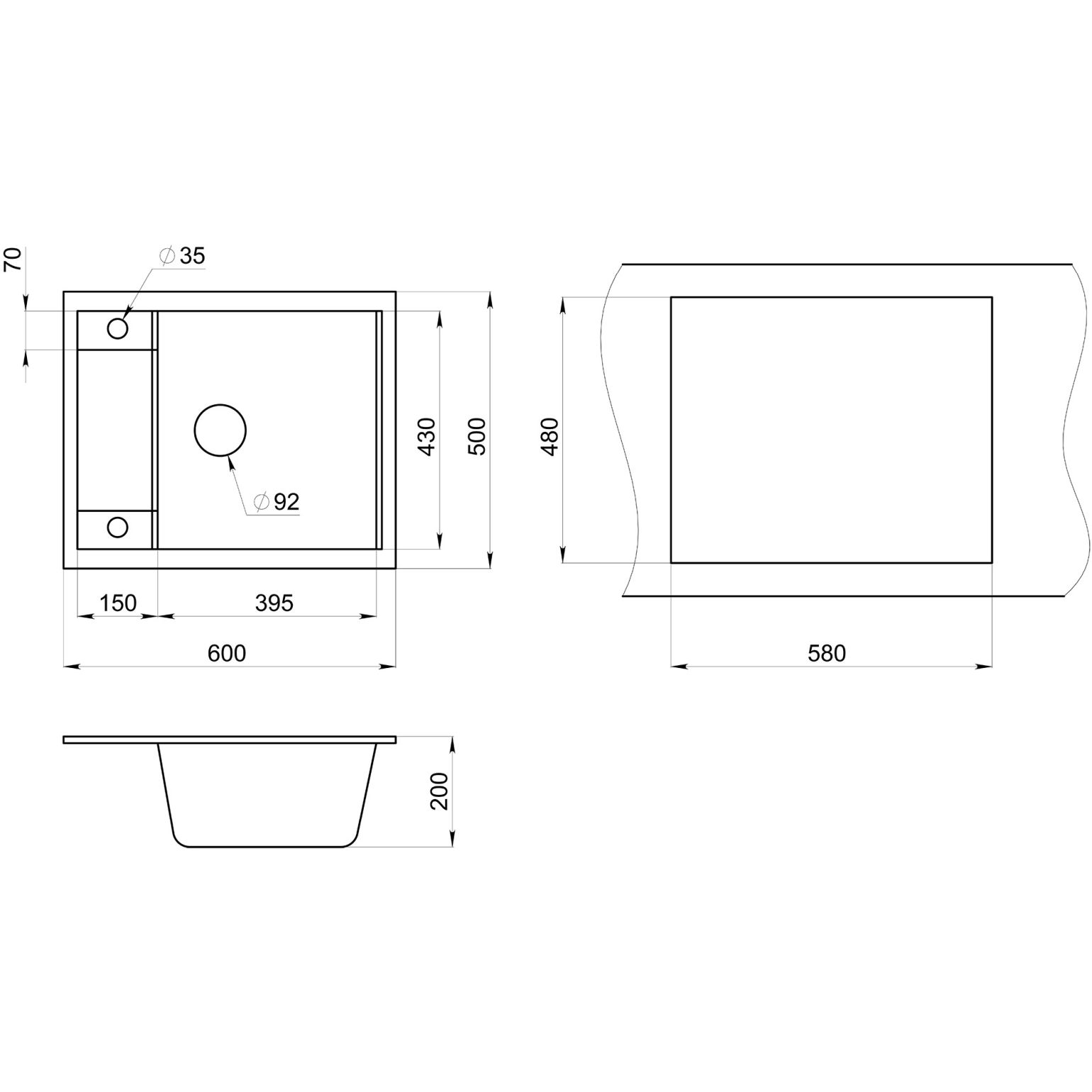 Кухонная мойка кварцевая Granula GR-6002 односекционная квадратная с крылом, врезная, чаша 395x430, цвет пирит (6002pr)