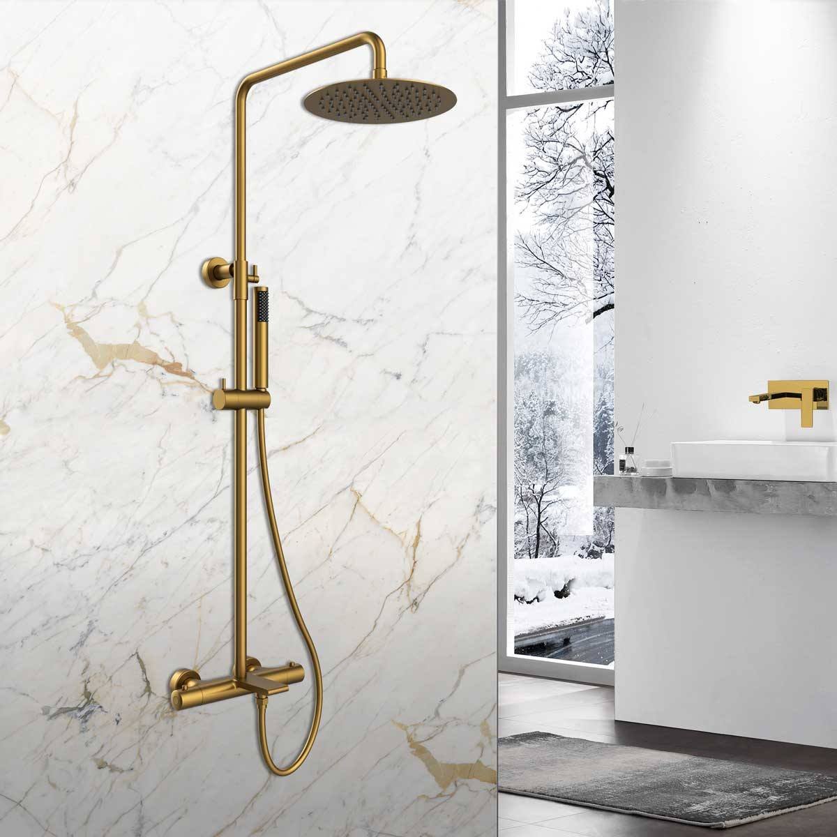 Душевая стойка Vincea (Винчея) Vogue VSFS-1V1TBG термостат с изливом, 25см верх душ нерж.сталь, брашированное золото