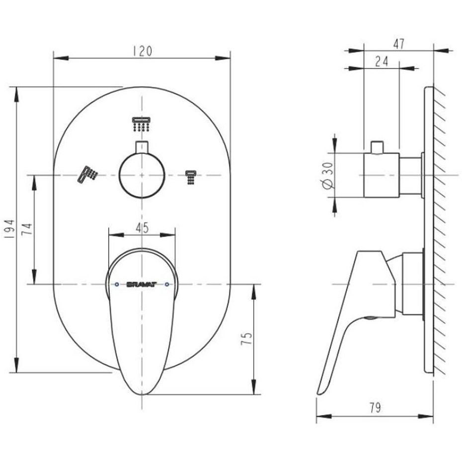 Смеситель для душа встраиваемый на 3 потока Bravat (Брават) Drop P69190C-RUS, хром