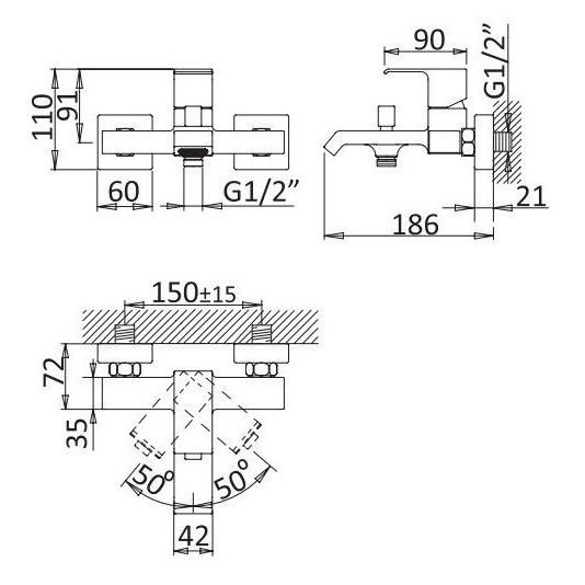 Смеситель для ванны и душа Cezares (Цезарис) Porta хром (PORTA-VM-01)