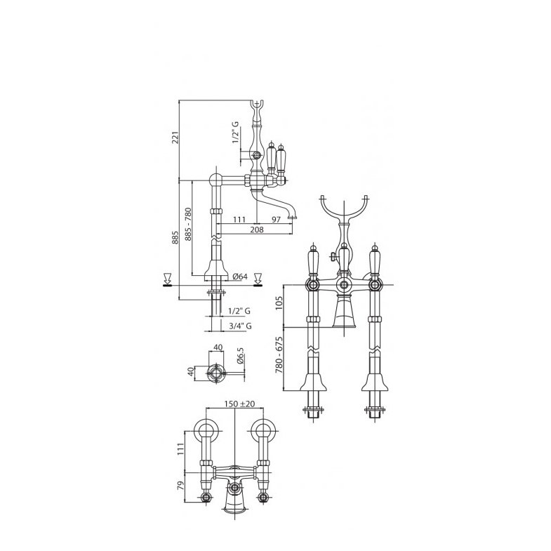 Смеситель для ванны, для душа Cezares (Цезарис) Diamond золото (DIAMOND-VDP-03/24-Sw)