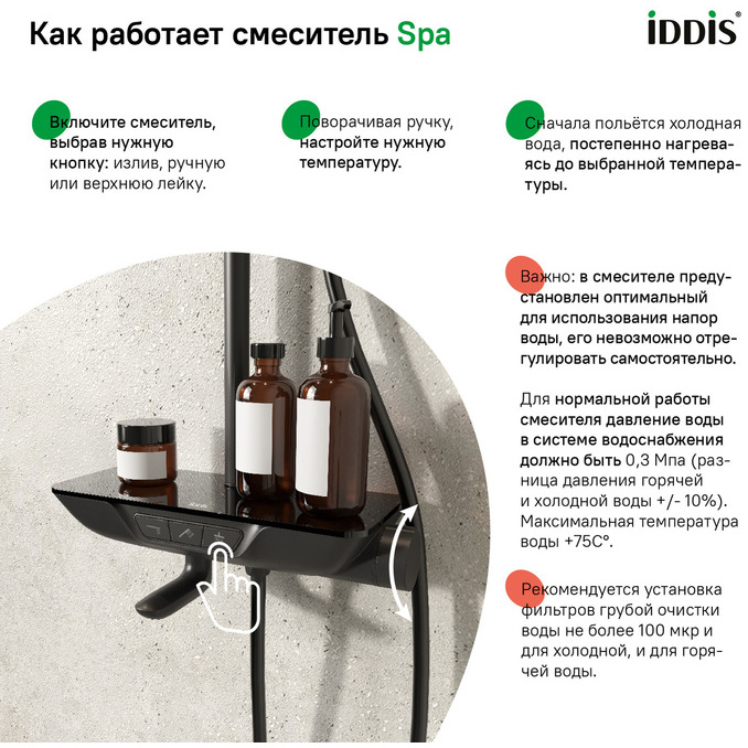 Душевая система Iddis для ванны с верхним душем черный матовый SpaHome SPABLBTi06