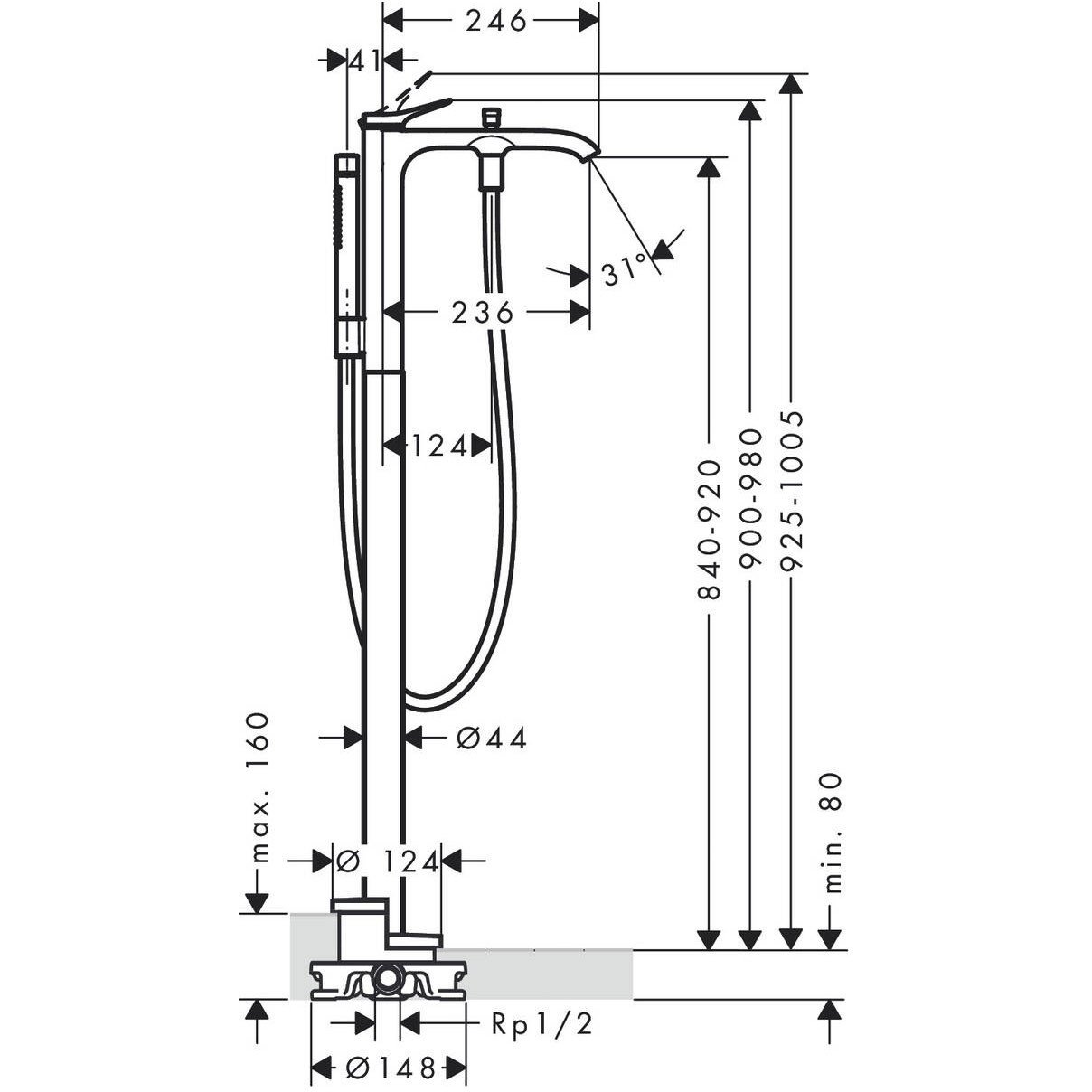 Смеситель для ванны Hansgrohe (Хансгрое) Vivenis напольный 75445670, черный матовый