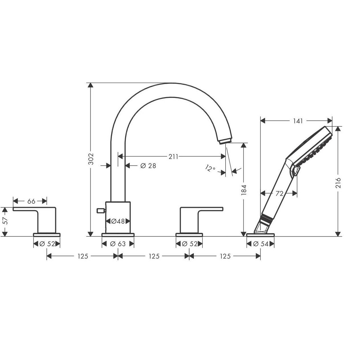 Смеситель Hansgrohe (Хансгрое) Vernis Shape на борт ванны 71459000 хром
