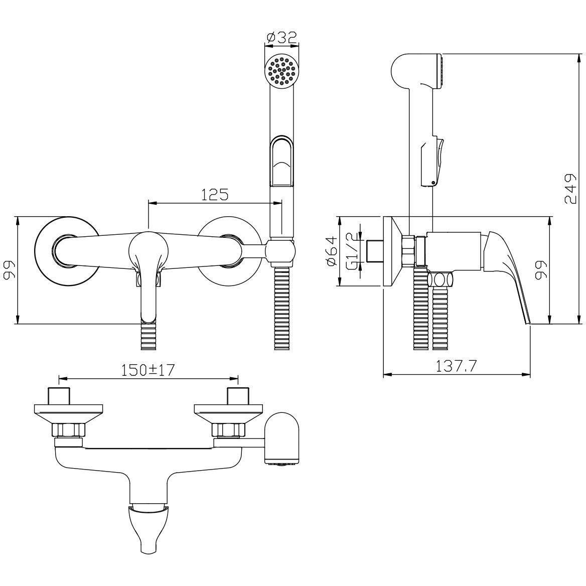 Смеситель для биде Rossinka (Росинка) Y25-52 хром с гигиеническим душем